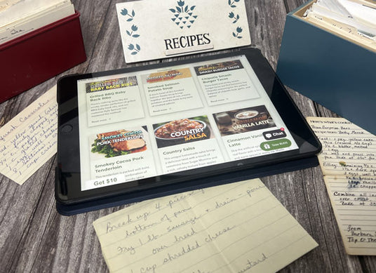 old family recipe cards collection around Flavor Seed website on tablet screen