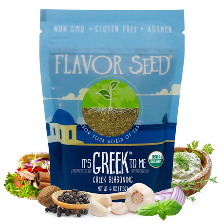 Organic Greek seasoning in 5oz resealable bag surrounded with fresh mediterranean diet ingredients