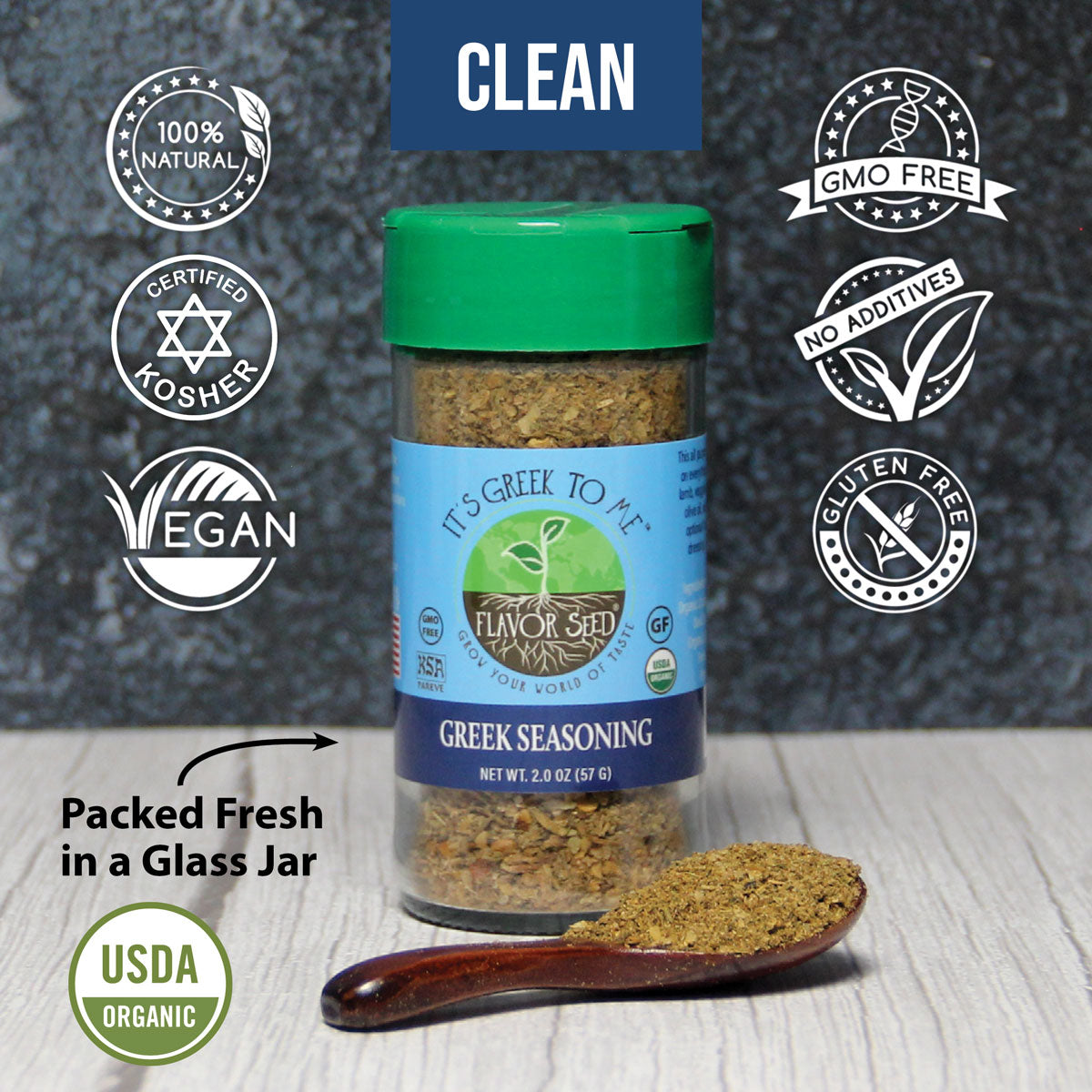 mediterranean diet greek seasoning blend with spoon full of clean ingredients, certified kosher
