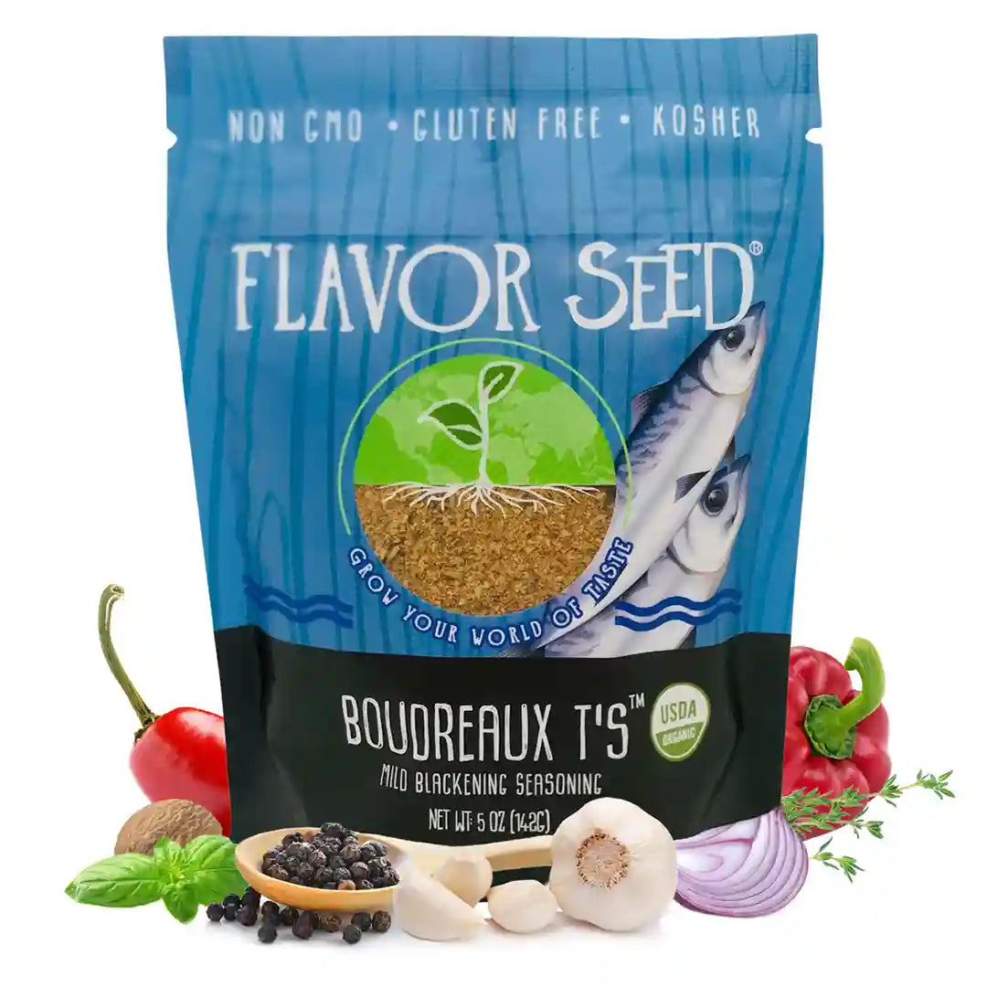 organic cajun seasoning in 5oz resealable pouch with fresh ingredients