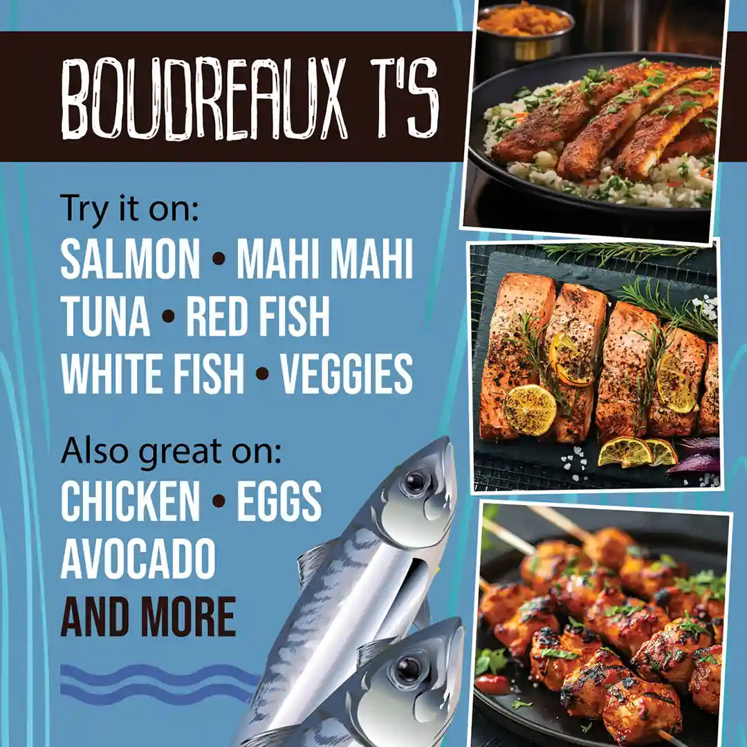 Boudreaux T's organic seafood seasoning for salmon, mahi mahi, tuna, red fish, white fish and vegetables