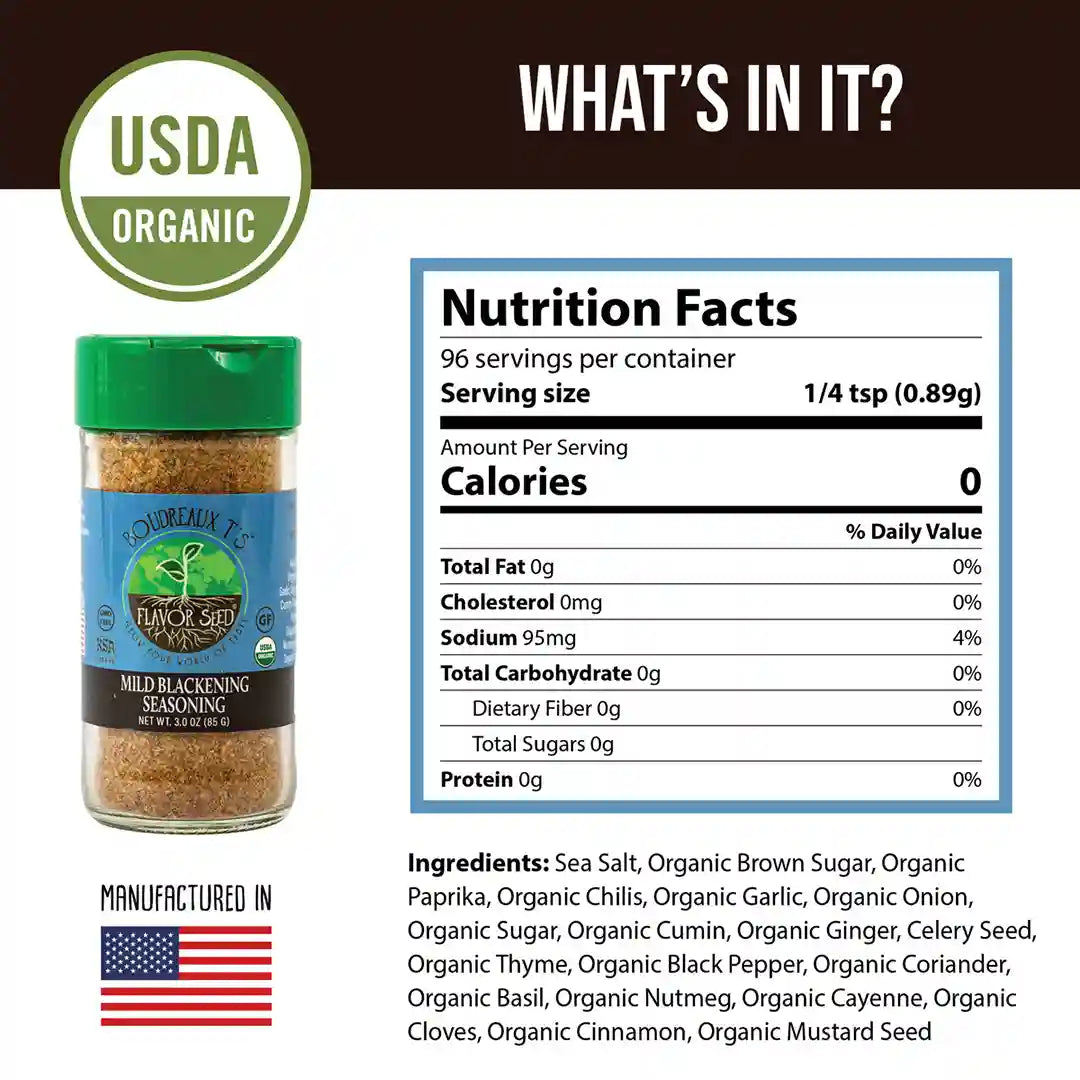 Blackened rub for salmon, shrimp and seafood with only organic ingredients plus sea salt