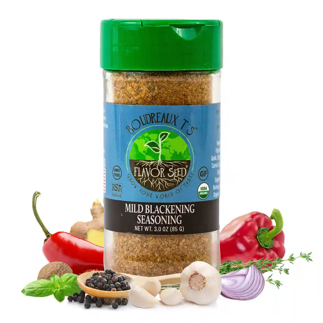 organic seafood spice blend with fresh small batch cajun seasoning ingredients in glass jar