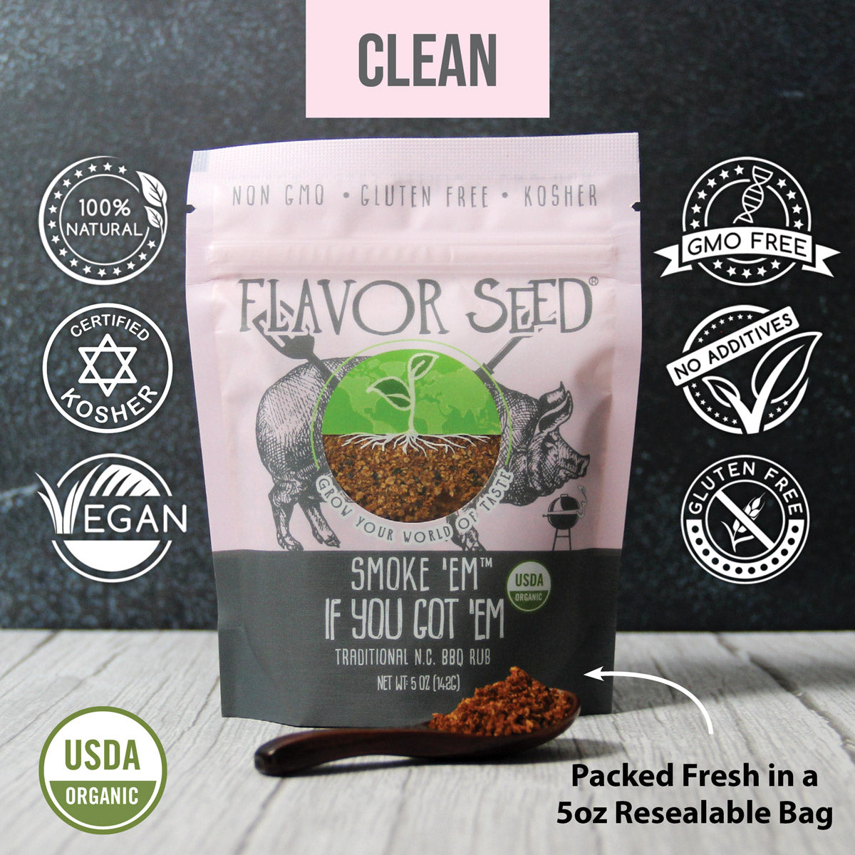 certified gluten free and organic dry rub for pork packed in fresh resealable bag