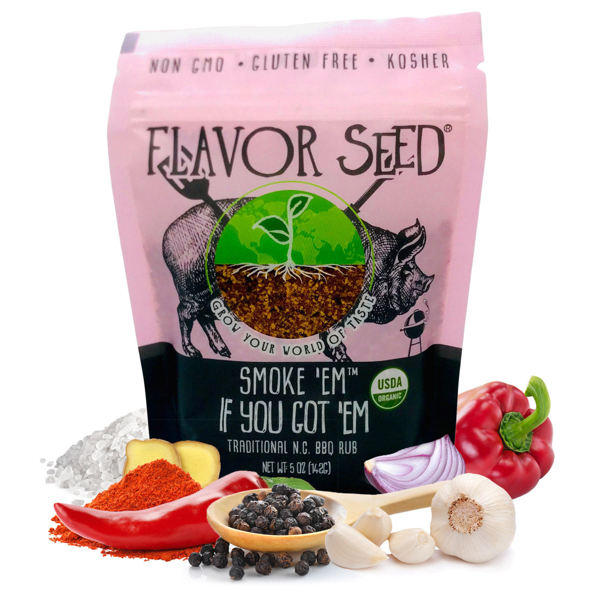 organic BBQ seasoning with fresh and clean ingredients in a 5oz resealable pouch