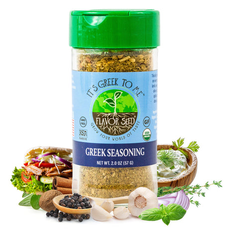 organic greek seasoning 2oz glass jar with fresh organic ingredients, lamb kebab and tzatziki sauce