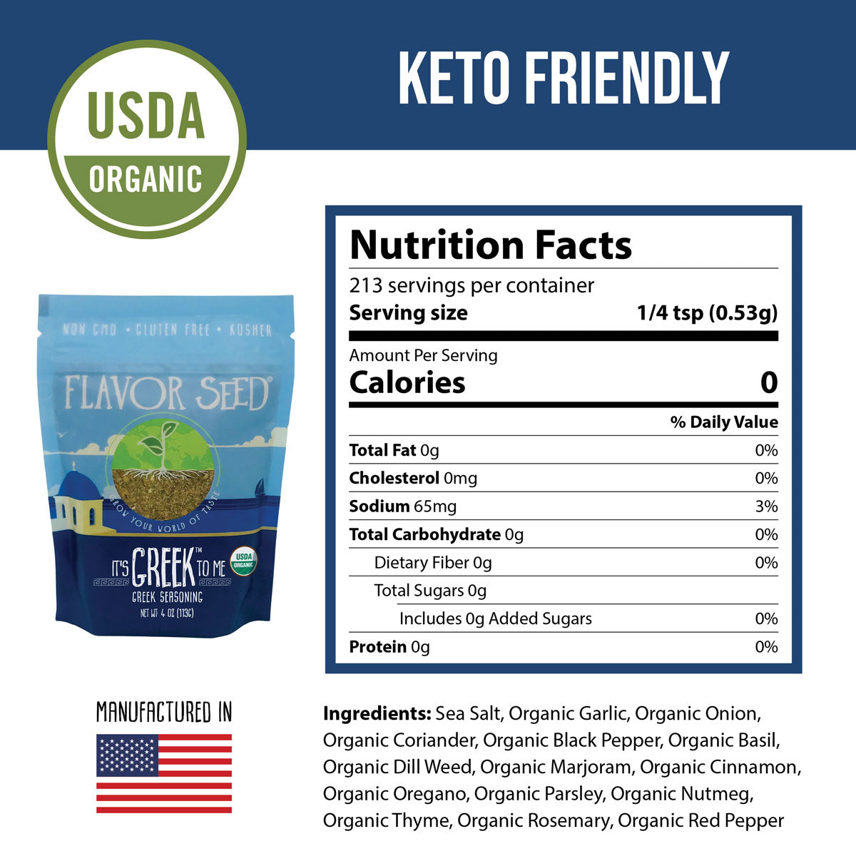 greek seasoning ingredients, 4oz bag, made in USA, keto friendly, 65mg sodium per serving, USDA certified organic