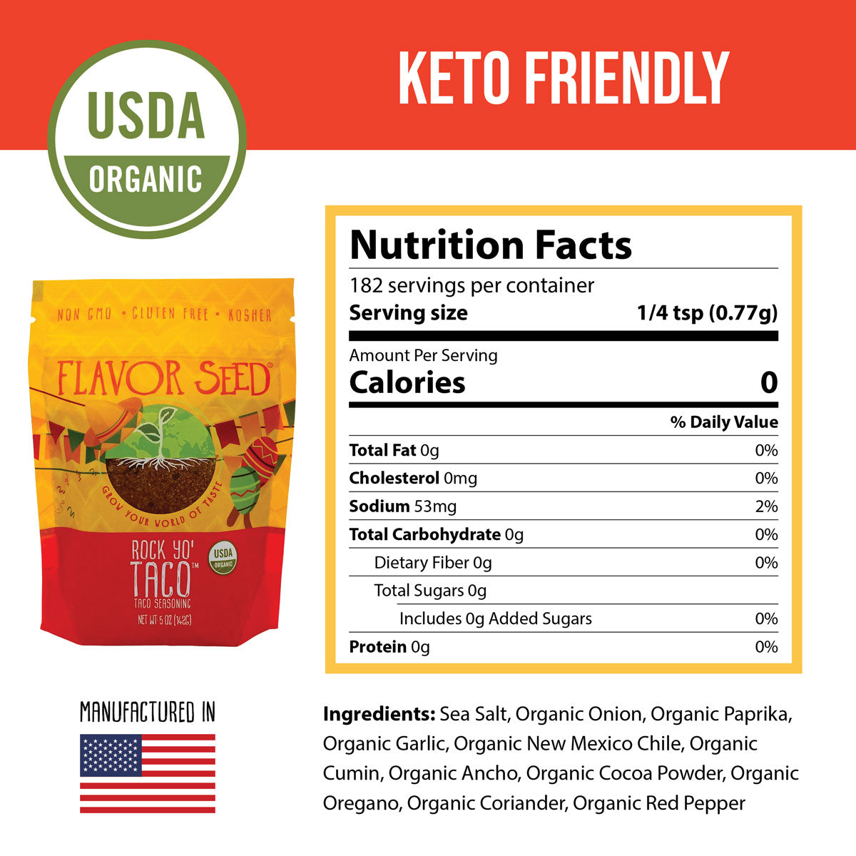 Rock Yo Taco 5oz bag taco seasoning nutrition facts and keto friendly organic ingredients