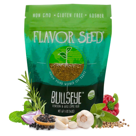 organic wild game seasoning Bullseye from Flavor Seed, 5oz bag with clean ingredients