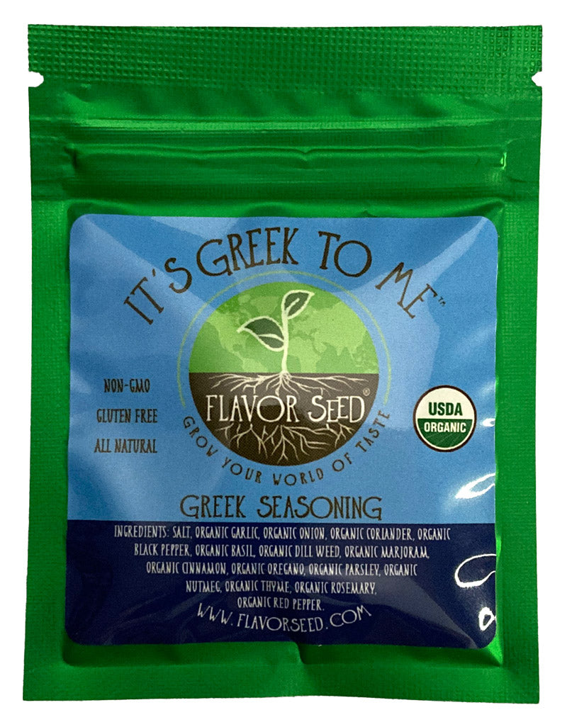 Organic greek seasoning sample size, front view, clean all natural ingredients, gluten free, non GMO