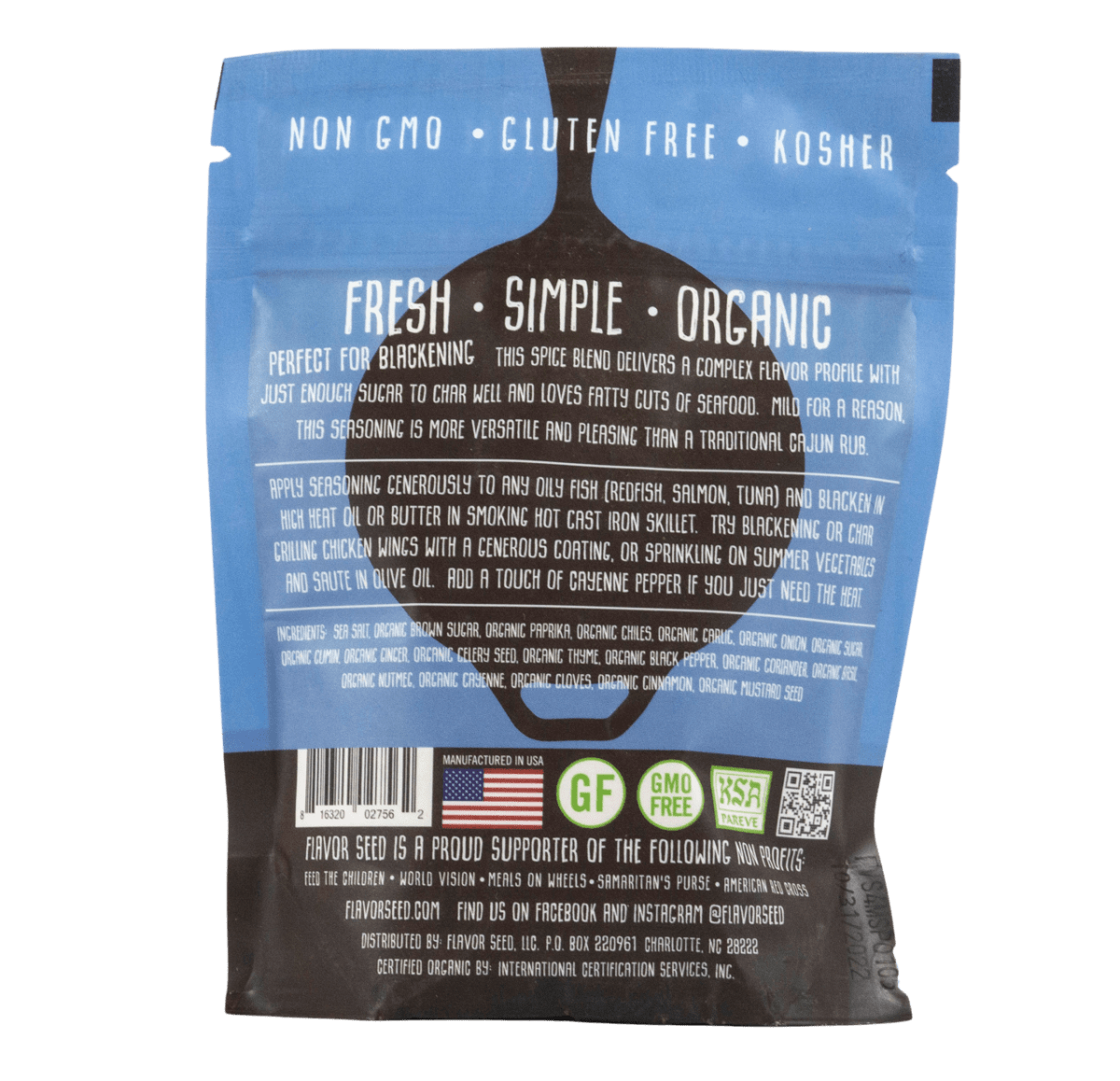 kosher, KSA pareve, gmo free and gluten free blackening spice for seafood and poultry