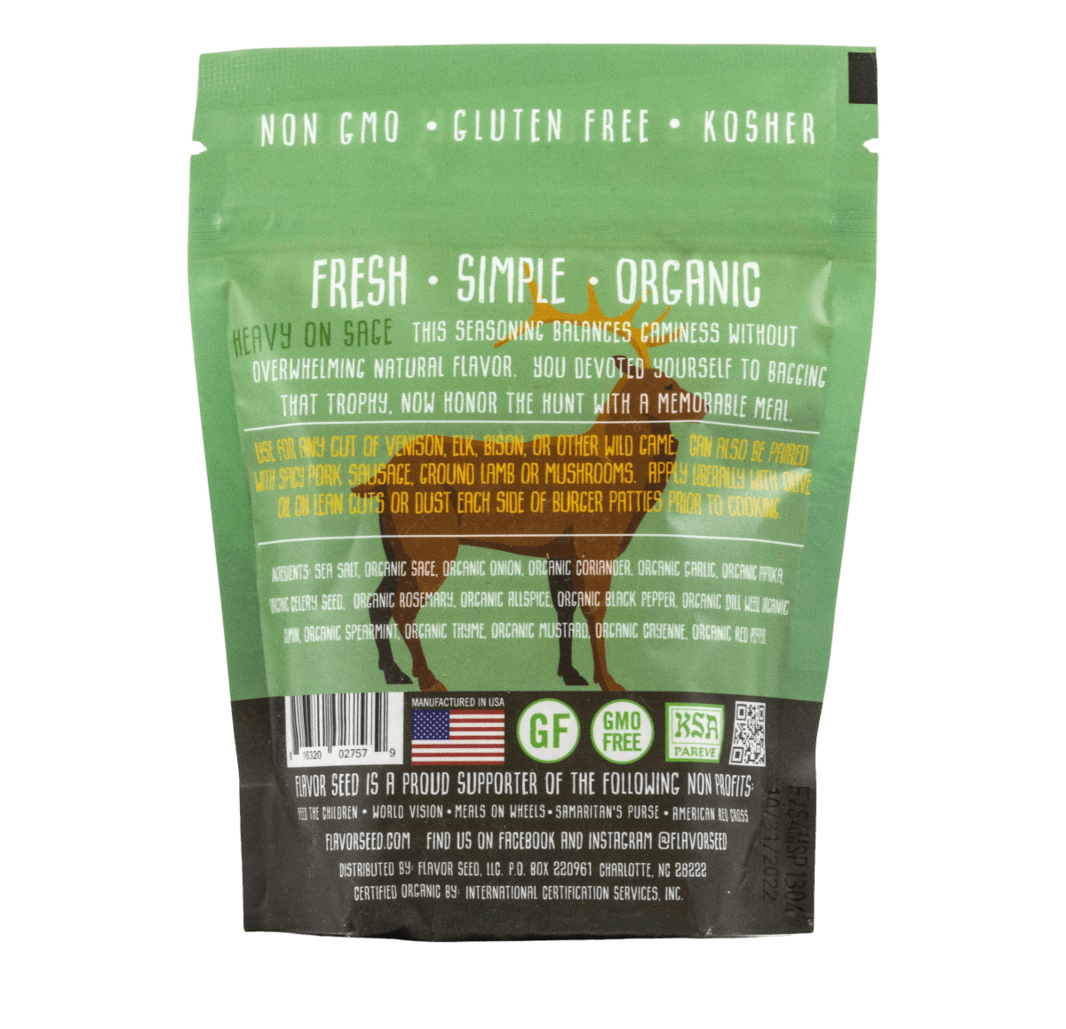 organic deer sausage seasoning in 5oz resealable pouch