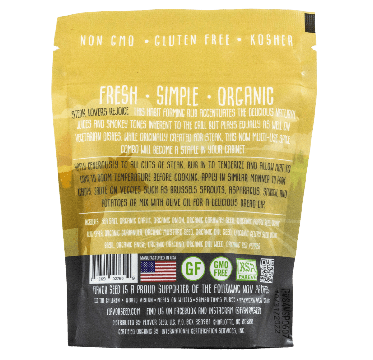 Flavor Seed Divine Bovine Organic Steak Rub and Seasoning resealable bag back view with ingredients