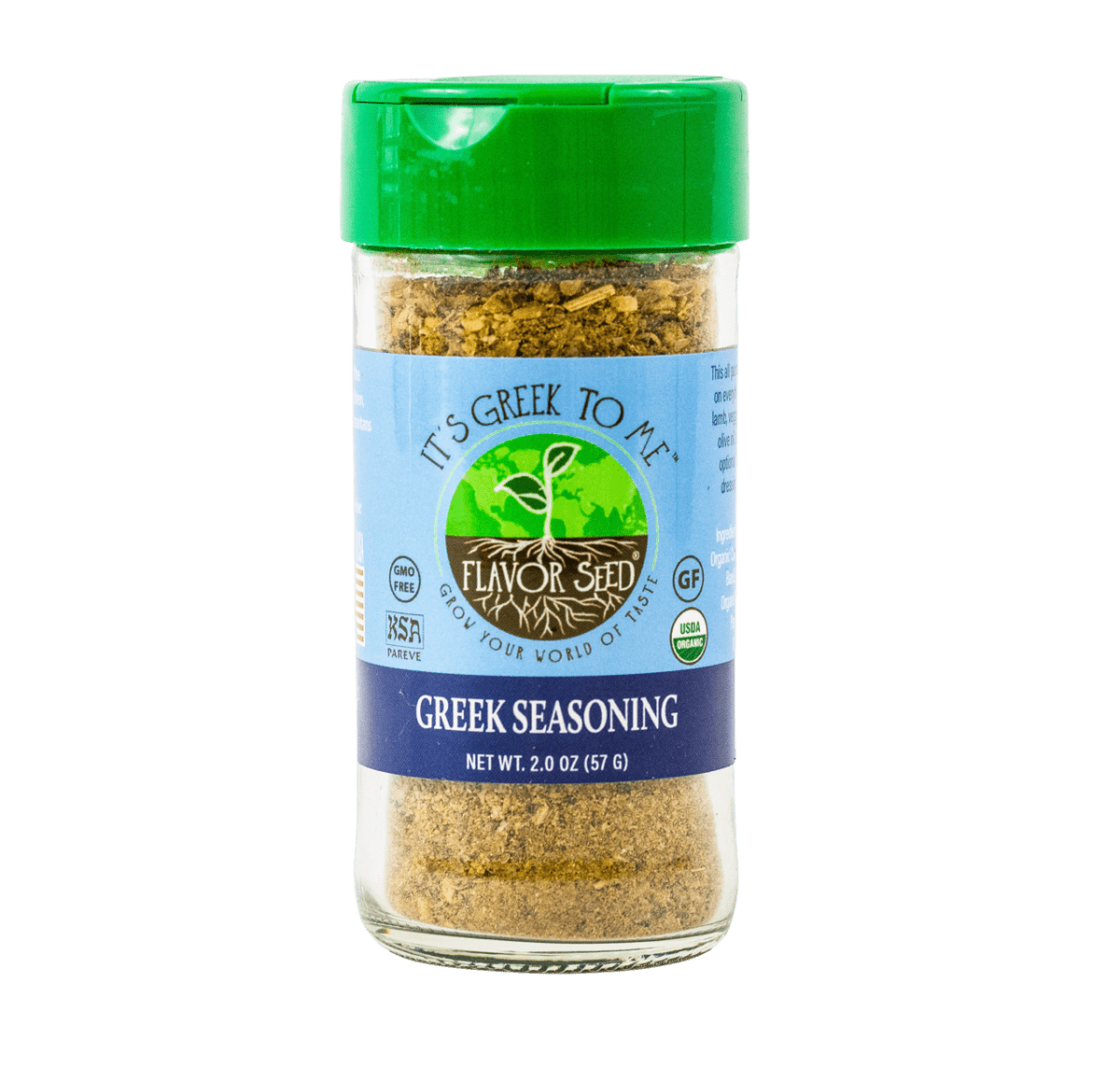 Flavor Seed organic greek seasoning 2oz glass jar, front view, mediterranean diet greek spice blend