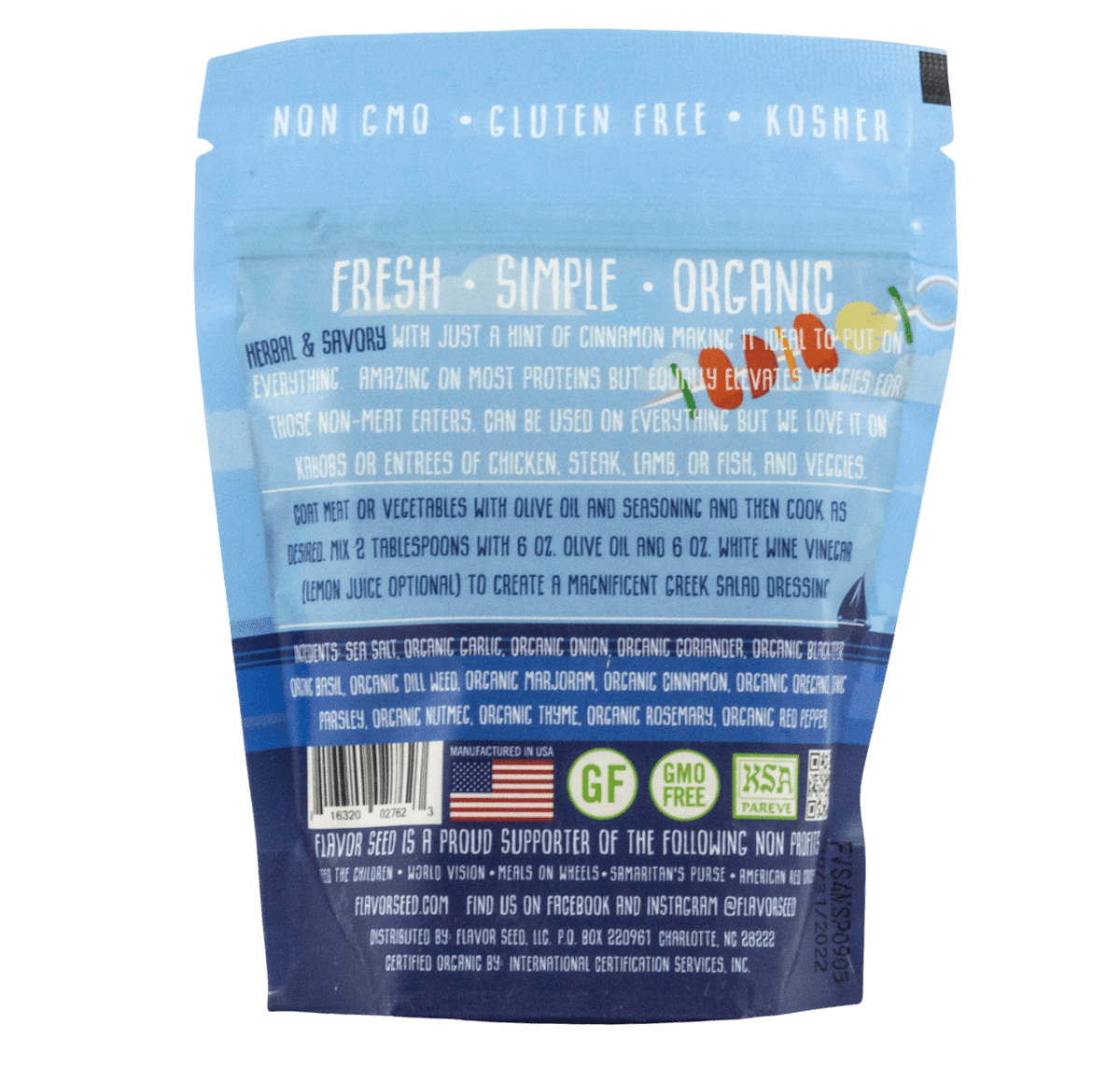 organic greek seasoning ingredients with recipe ideas for mediterranean cuisine, 5oz back of a pouch