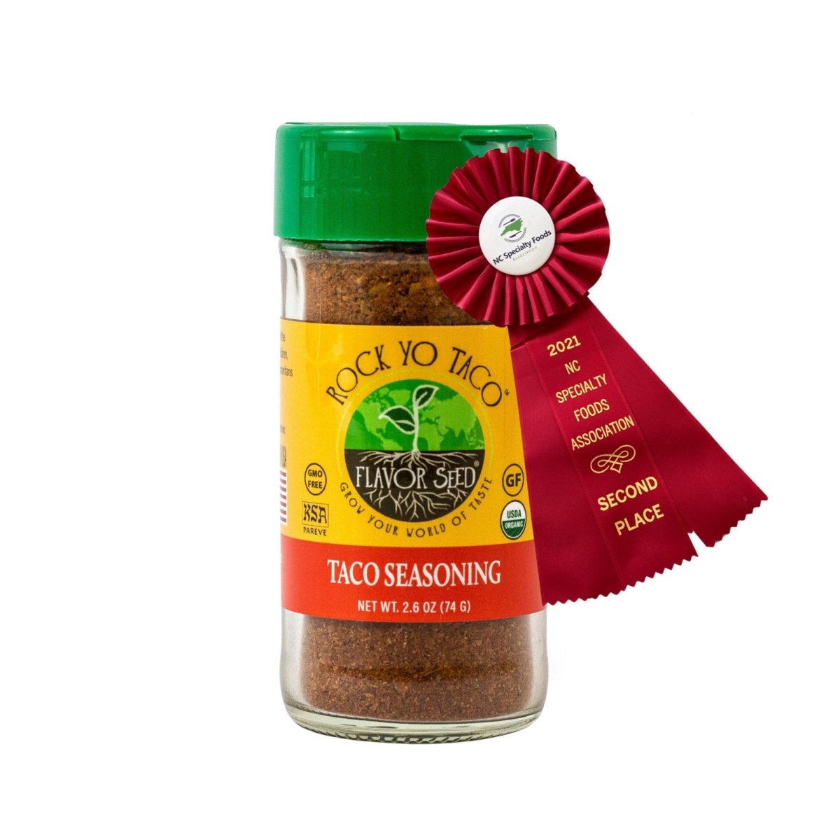 simple taco seasoning from Flavor Seed in 2oz glass jar, front view with award ribbon and USDA logo