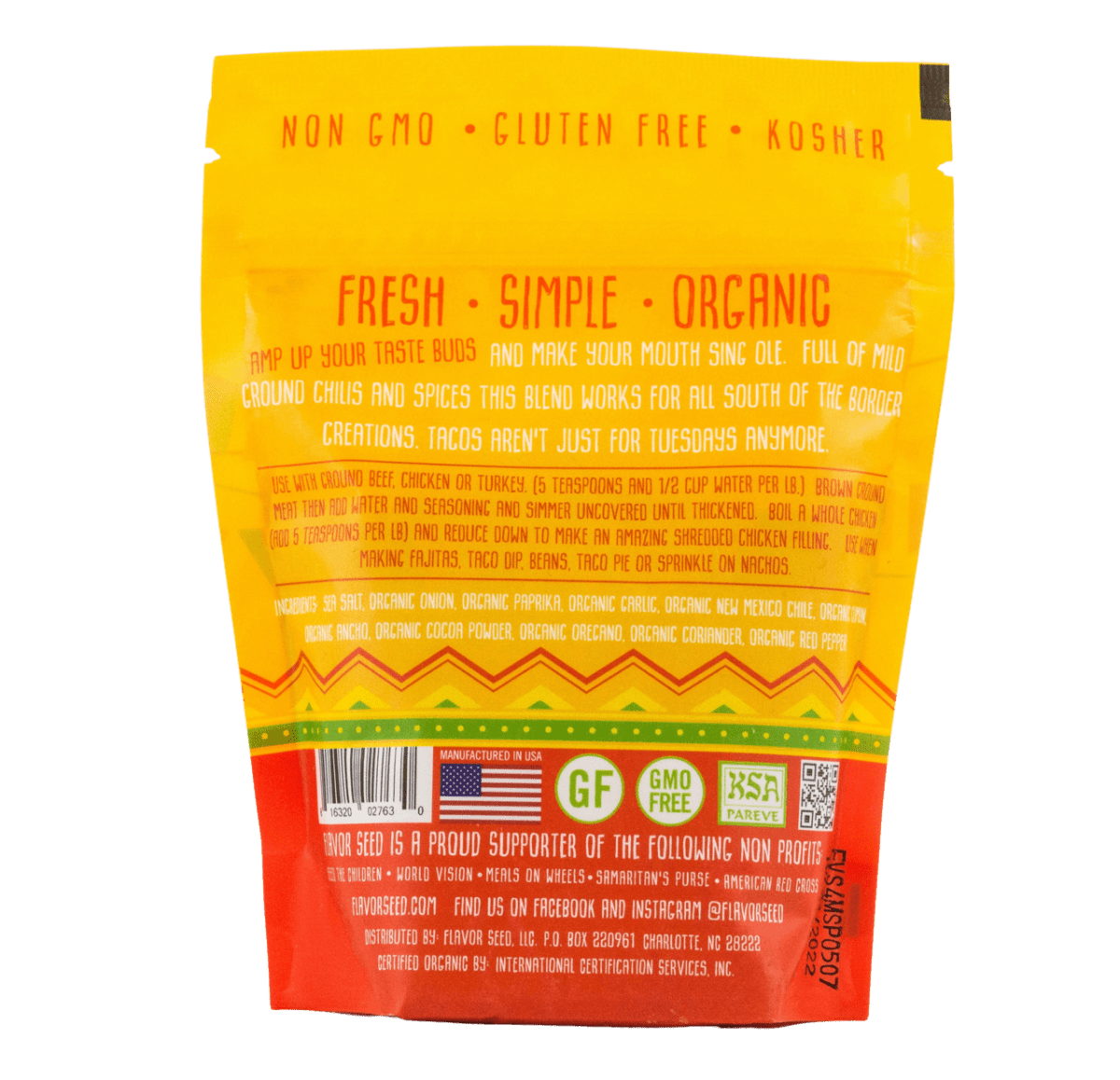 Flavor Seed Rock Yo Taco organic taco seasoning 5oz bag back view