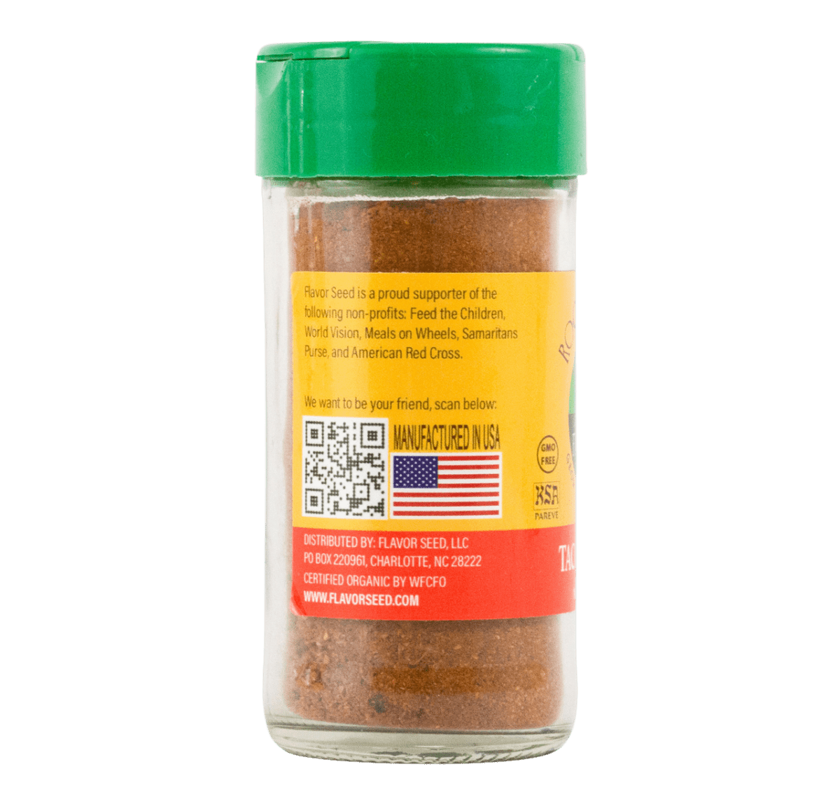 organic taco seasoning Rock Yo Taco by Flavor Seed in 2oz glass jar side view with American flag