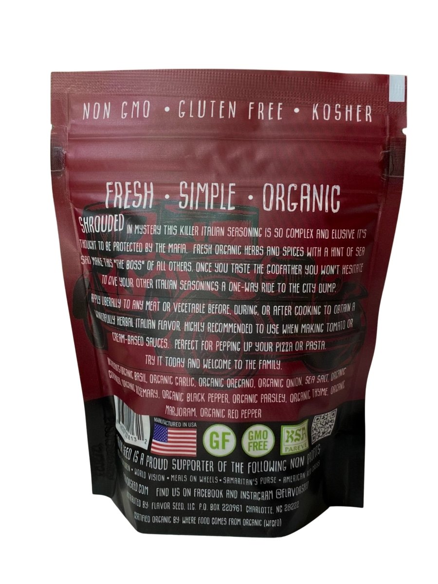 The Godfather pizza seasoning 5oz pouch back view with certification badges