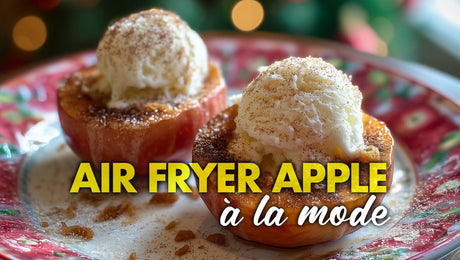 air fried apple halves with vanilla ice cream and cinnamon sugar