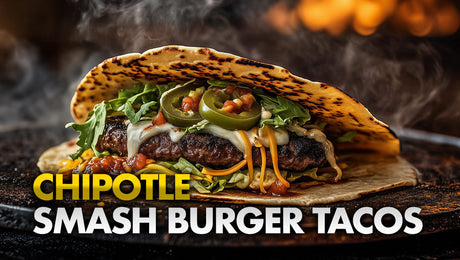Spicy chipotle smashburger taco with jalapeños, ground meat, cheese in a tortilla on a sizzling grill