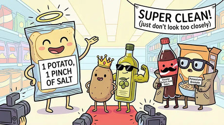 Clean ingredients caricatures on a grocery store stage