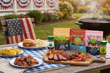 Fourth of July grill party table with food and seasonings