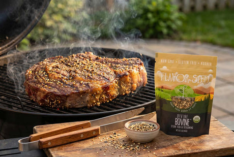 Grilling ribeye steak outside with organic steak seasoning