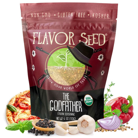 A Flavor Seed The Godfather organic Italian seasoning pouch on a white background, with a slice of margherita pizza, fresh basil, a wooden spoon of black peppercorns, garlic, thyme, a red bell pepper and half a red onion around it.