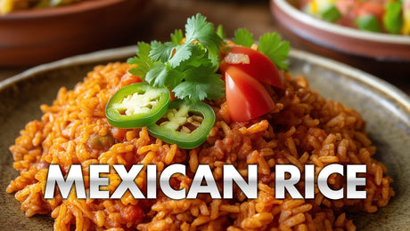 Mexican Rice garnished with jalapenos and diced tomatoes on a rustic plate