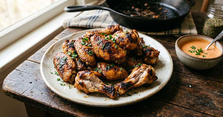 grilled and seasoned organic chicken wings on a rustic plate