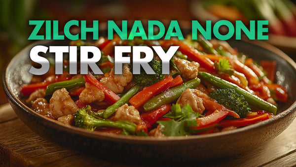 Vegan vegetable stir fry seasoned with Zilch Nada None organic salt-free seasoning