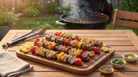 Wooden cutting board with grilled kabobs in backyard