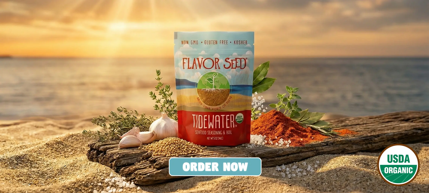 Bag of Tidewater with fresh herbs and spices on a plank at the beach