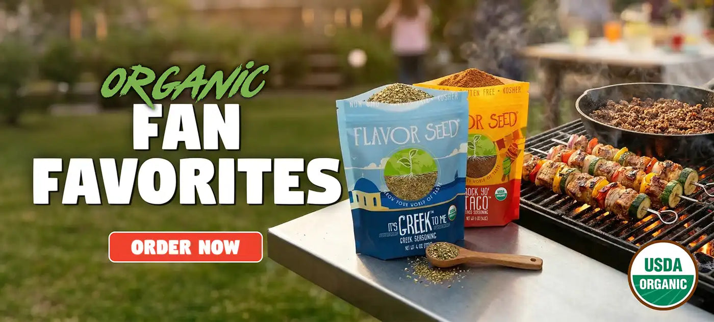 Organic Greek seasoning and mild organic Taco spice blend
