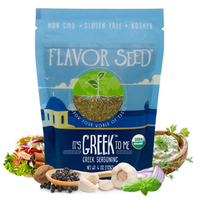 Organic Greek seasoning in 5oz resealable bag surrounded with fresh mediterranean diet ingredients