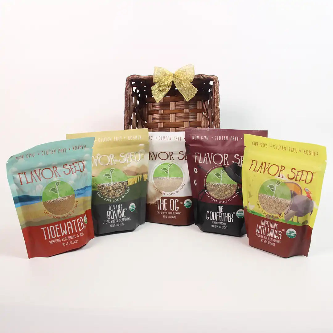 Festive organic spice bundle in decorative basket