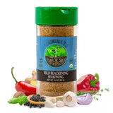 organic seafood spice blend with fresh small batch cajun seasoning ingredients in glass jar