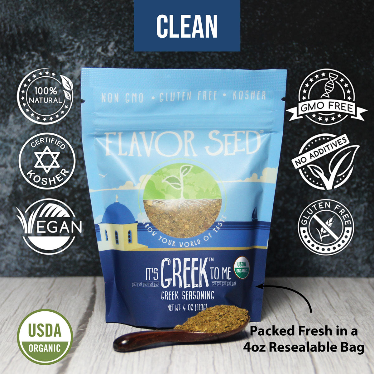 lamb seasoning 4oz bag with spoon of clean organic ingredients, gluten free, kosher and all natural