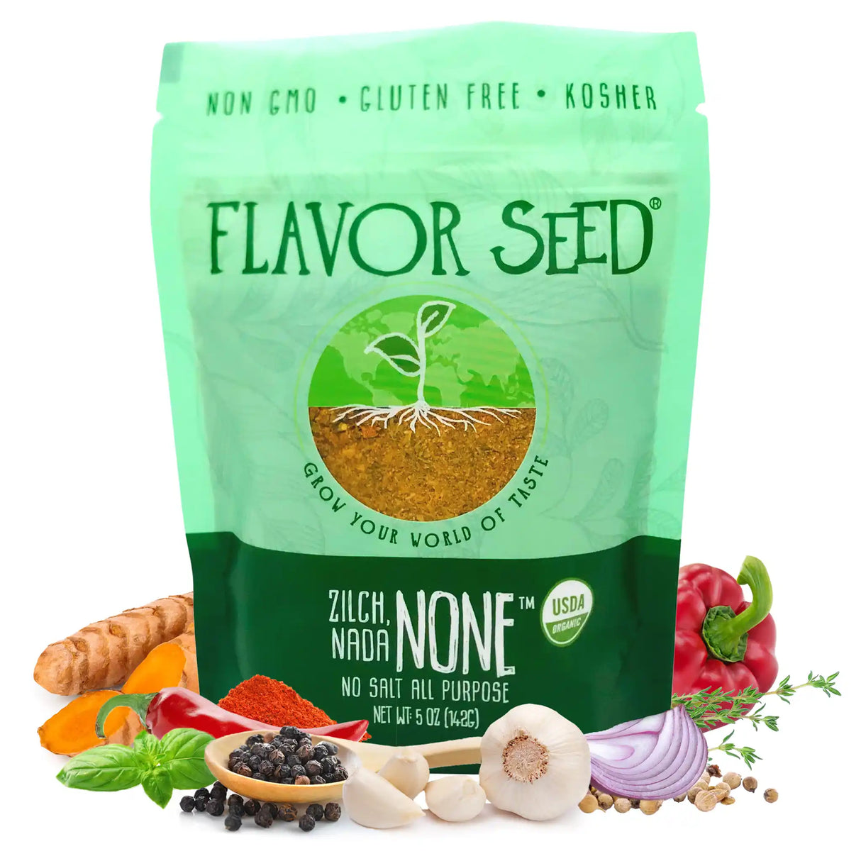 5oz resealable bag of Flavor Seed organic no salt seasoning