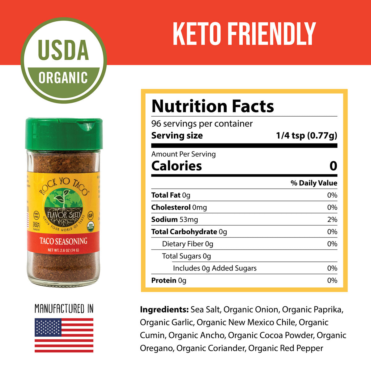 taco seasoning ingredients of Rock Yo Taco 2oz jar with nutrition facts. USDA Organic and Made in USA