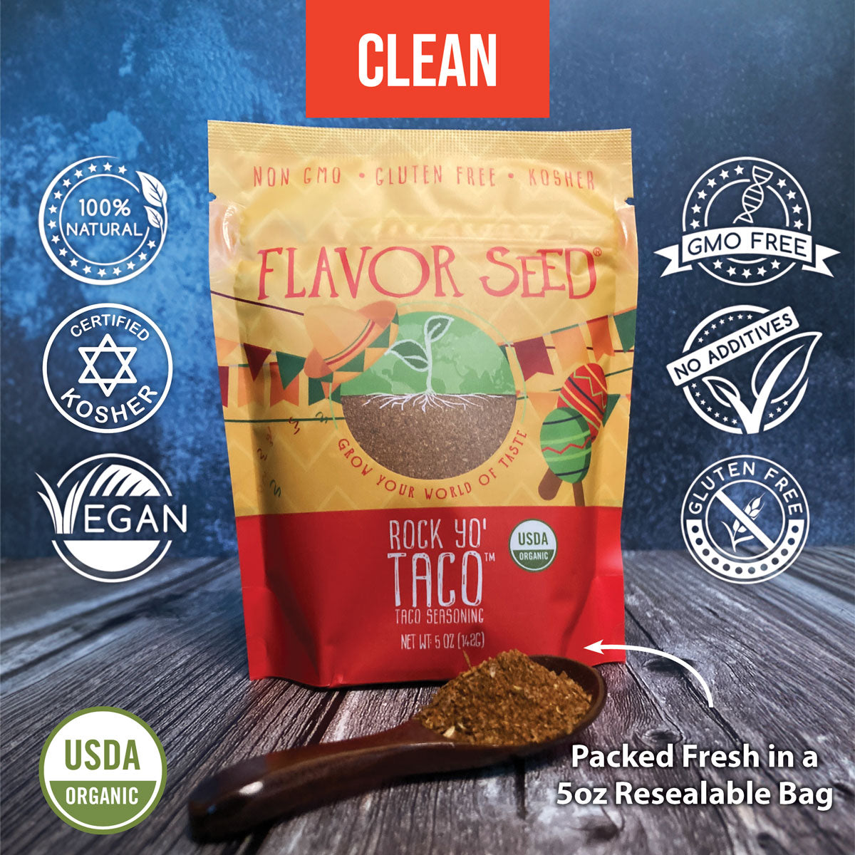 gluten free taco seasoning Rock Yo Taco in 5oz bag with spoon full of seasoning and certifications