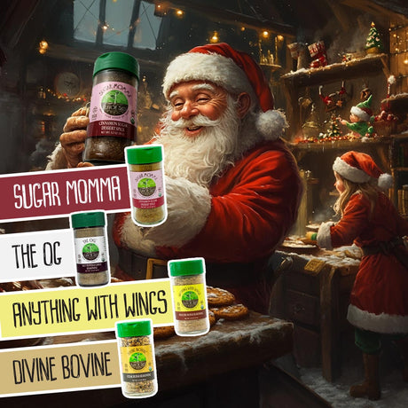 Santa holding organic cinnamon sugar in his workshop