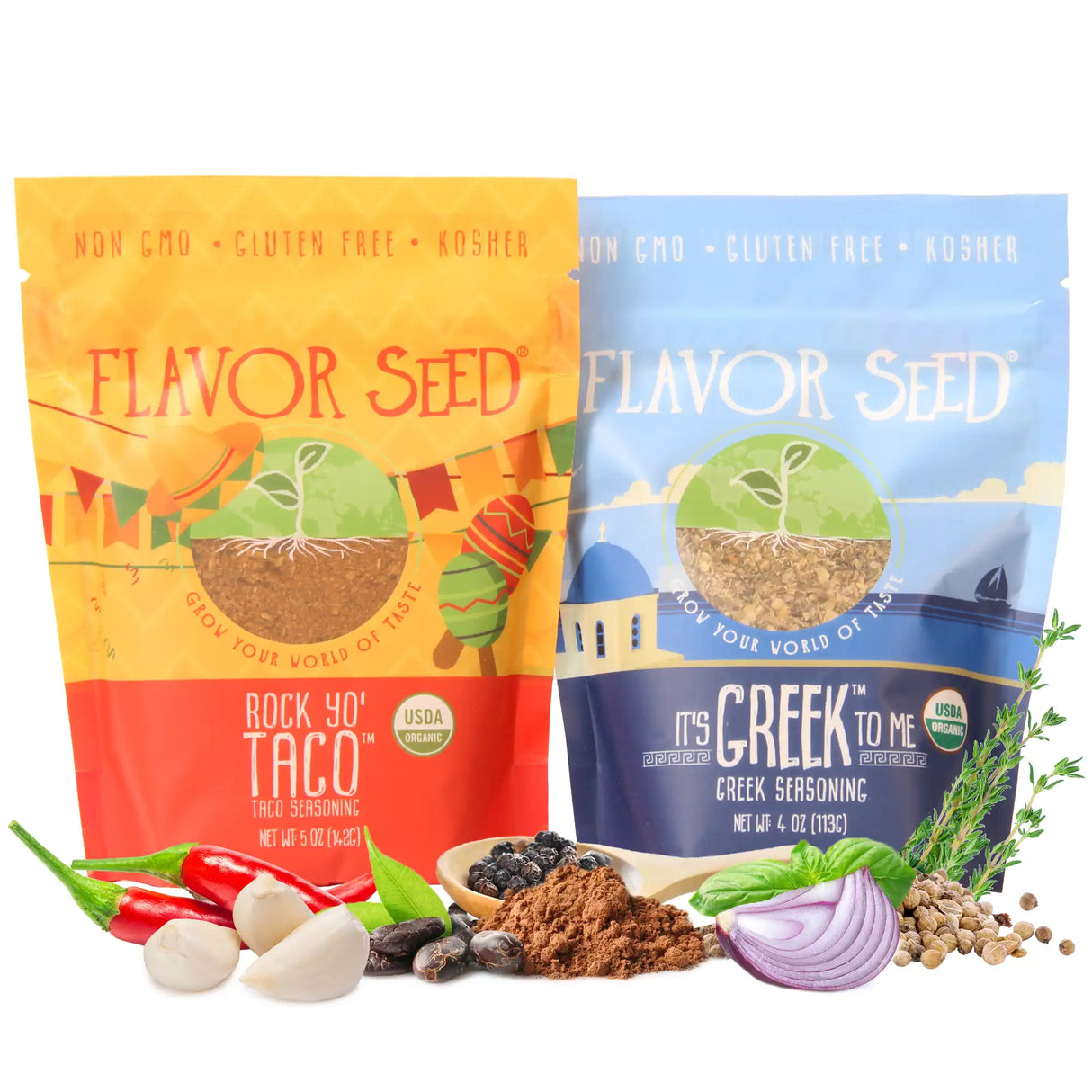 Organic taco and greek seasoning bags with fresh ingredients