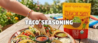 Mexican fiesta platter with tacos and dips with seasoning