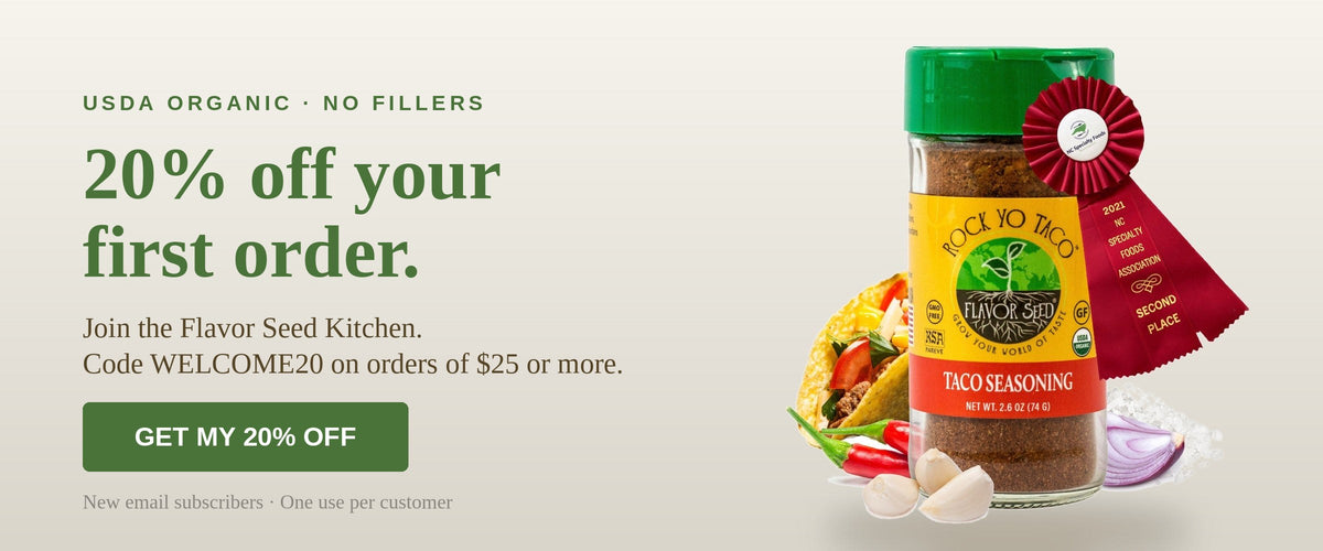20% off your first order with code WELCOME20 - Rock Yo' Taco organic taco seasoning jar with award ribbon