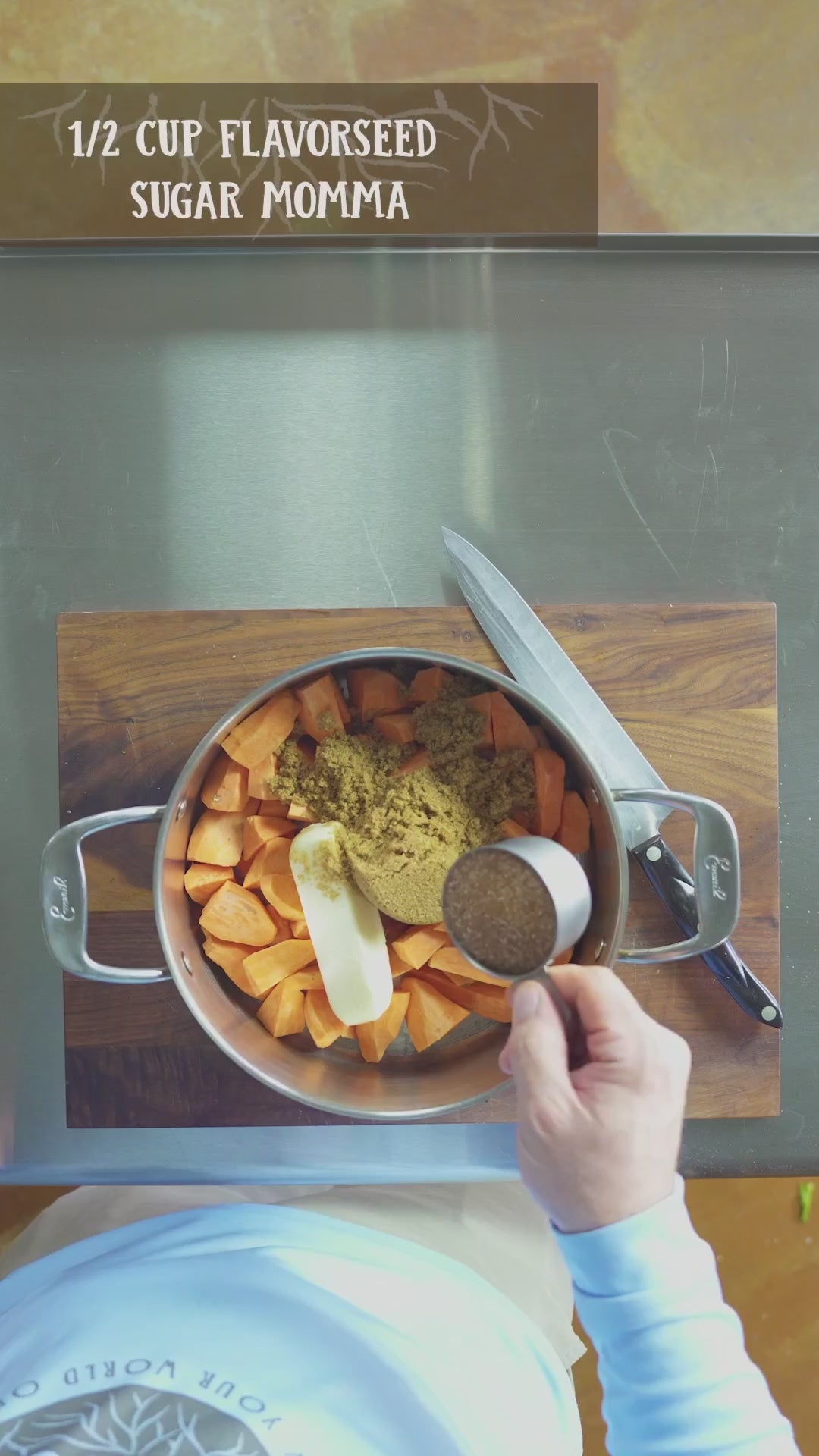 Sugar Momma organic cinnamon sugar poured over sweet potatoes for candied yams
