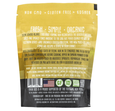 Flavor Seed Divine Bovine Organic Steak Rub and Seasoning resealable bag back view with ingredients