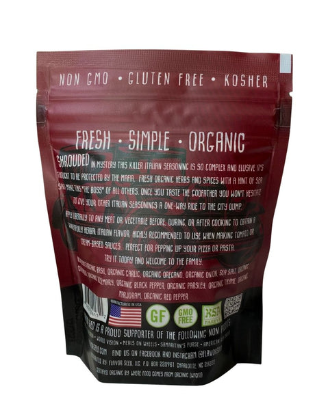 The Godfather pizza seasoning 5oz pouch back view with certification badges